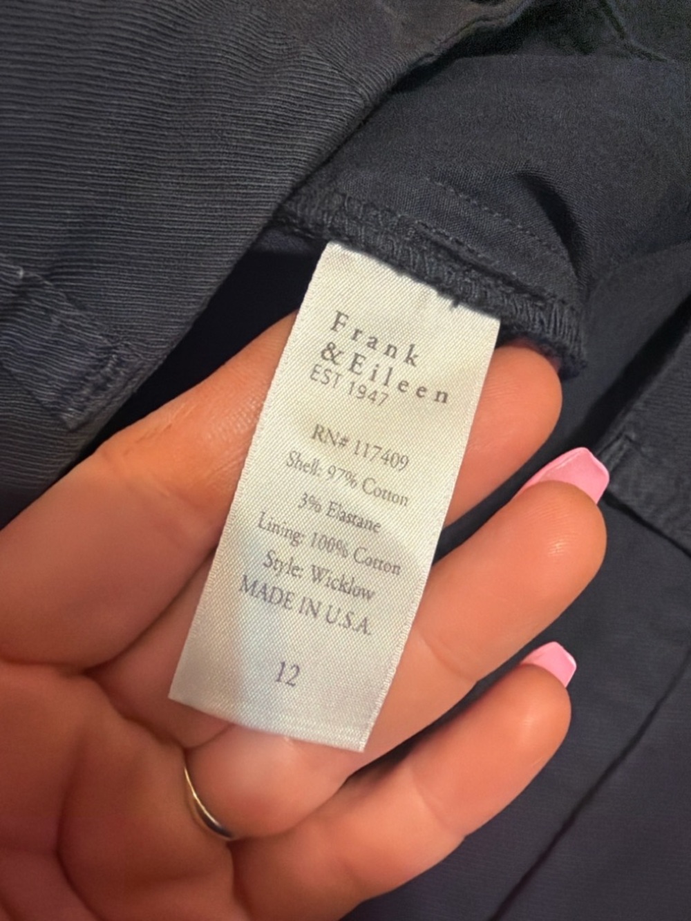 Frank & Eileen Wicklow Italian Chino Pants Washed Navy Size 12 - Picture 6 of 7
